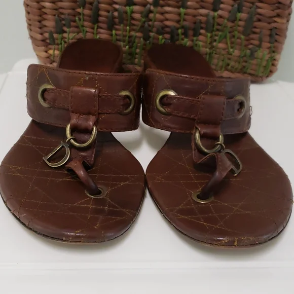 Christian Dior Brown Leather Cannage Block Heel Sandals Size 40